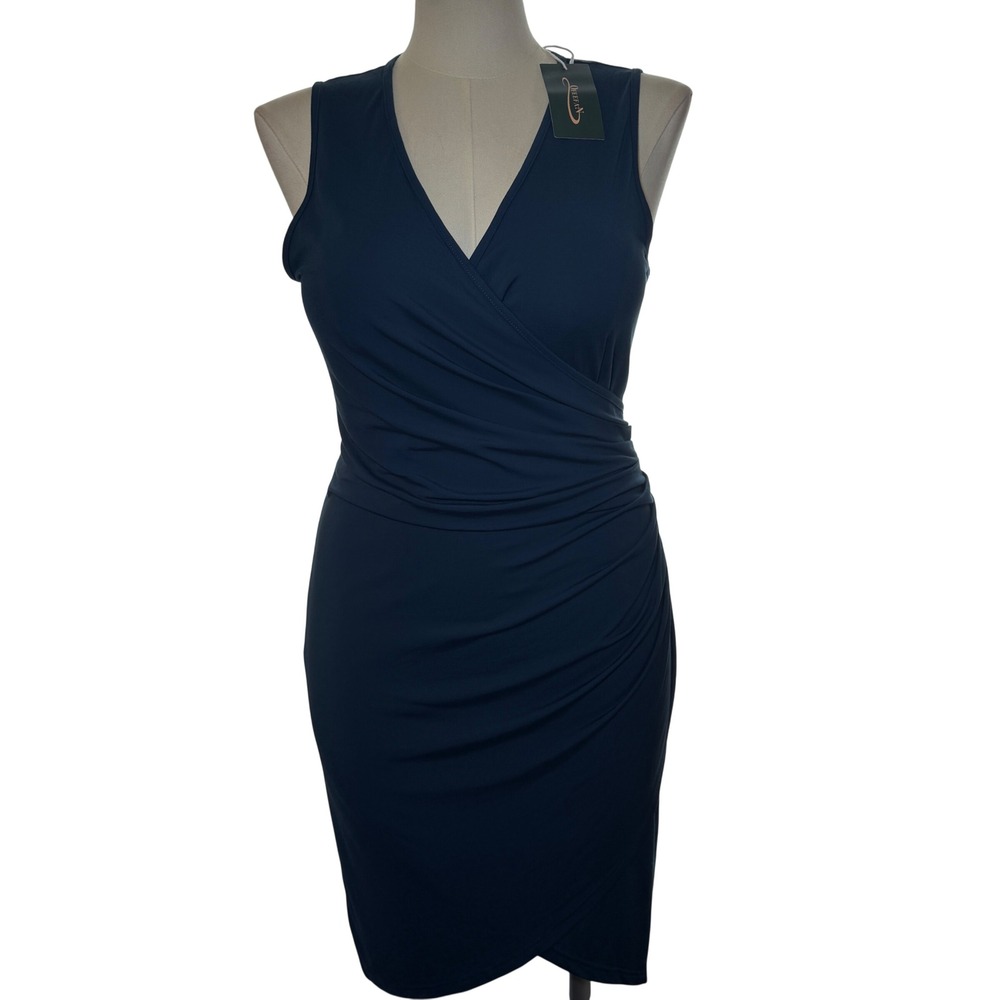 Ofeefan Navy Blue Ruched Faux Wrap Sleeveless Sheath‎ Cocktail Dress Large NWT